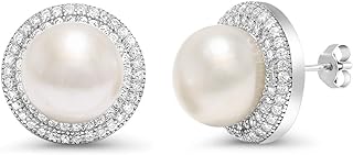 Chic Sterling Silver Push-Back Pearl Stud Earrings for Women, Freshwater Gem 9mm - Fashionable Button-shaped Design by Gem Stone King