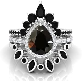 3 CT Pear Cut Natural Black Onyx Engagement Ring Set 3 pcs Wedding Ring Set for Bride Vintage Art deco Halo Ring Set Black Spinal Ring Gift for Women