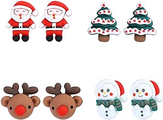 Dumcondy Christmas Earrings Stud Santa Elk Reindeer Snowman Tree Funny Cute Jewelry Cartoon for Women Lady Girls Resin Acrylic Xmas Gifts (4 Pairs/Set)