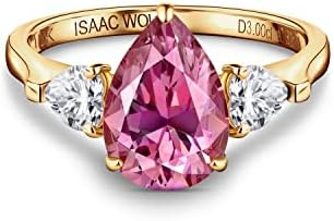 ISAAC WOLF 10k Solid Pink Moissanite Engagement Ring, Pear Cut with Heart Side Stones for Women, White/Yellow/Rose Gold, Size 5.5