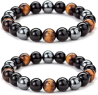No Clasp Beaded Chain Black Obsidian Hematite Triple Protection Bracelet Set - Natural Blue Tiger Eye and Lava Stones Bracelet for Men and Women - Link Design