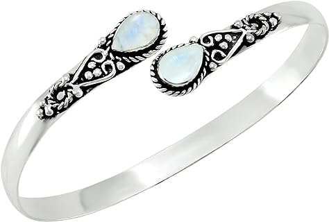 Handcrafted Silver-Plated Natural Moonstone Labradorite Pearl Bangle Bracelet with Toggle Clasp, Pear Shaped Gemstone Design, Perfect Women's Day Gift