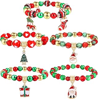 Christmas Beaded Bracelets Santa Candy Cane Hat Charms Bracelets Xmas Tree Car Sock Gift-box Stretch Bracelets Set Green and Red Beads Bracelet for Women Girls Holiday Jewelry Gifts