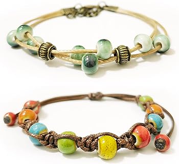 No-Clasp Handmade Porcelain and Ceramic Bead Chain Bracelet in Ethnic Style for Art Lovers, Perfect for Ocean Vacations and Parties