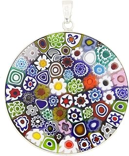 Glass Of Venice Murano Glass Millefiori Pendant Necklace Multicolor in Silver Frame 1-1/2 inch For Women Handmade In Venice, Italy