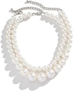 Layered Big Pearl Choker Necklace for Women Girls White Dainty Vintage Large Faux Pearls beaded Statement Necklaces Exaggerated Chunky Collar Bridal Wedding Party Jewelry Gift