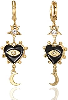 14K Gold Plated Evil Eye Dangle Earrings with Lever Back for Women, Heart and Moon Star Design