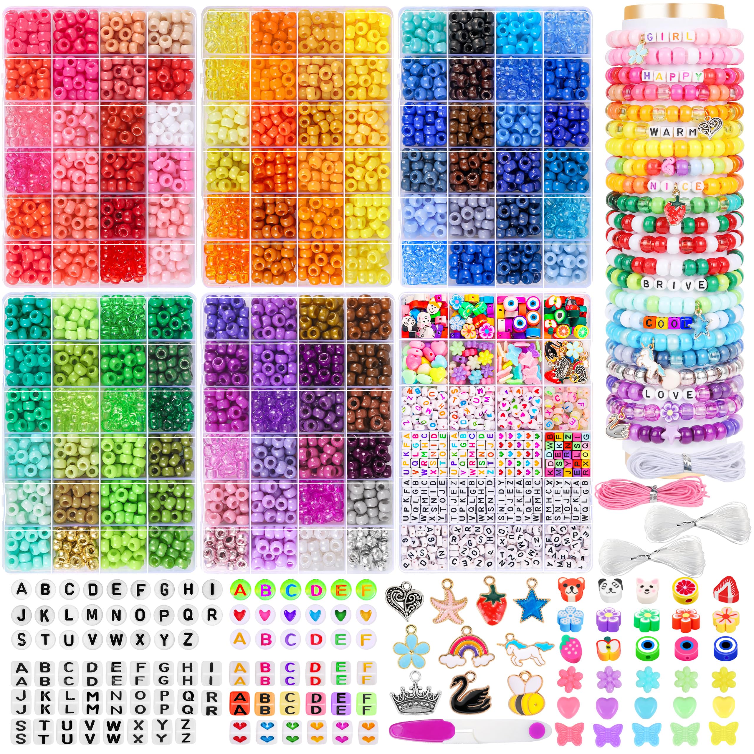 Colorful Plastic Pony Bead Jewelry Making Kit with Crystal String by CZWZ for Kids - 4560 Pieces in 120 Vibrant Designs