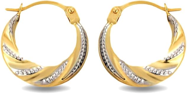 High Polish 14K Two-Tone Yellow & White Gold Beaded & Ribbed Reversible Hoop Earrings (0.50") for Women Girls