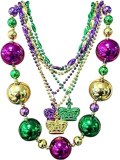 Jumbo Ball Mardi Gras Beads Necklace Set, Jumbo King Size Beaded Necklace, Gold Green Purple Disco Crown Necklaces, 6mm Metallic Bead Necklaces for Mardi Gras Carnival Decorations Masquerade Parties