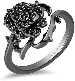 Jewelili Enchanted Disney Black Diamond Maleficent Black Rose Ring in Sterling Silver for Women - Elegant and Empowering Design