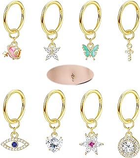 FIBO STEEL 14G Dngle Belly Button Rings 316L Surgical Steel Belly Hoop Ring Clear CZ Heart Butterfly Evil Eye Navel Rings Clicker Segment Belly Piercing Jewelry