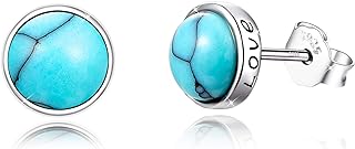 925 Sterling Silver Turquoise Stud Earrings with Stick-On Back for Women, Romantic 'Forever Love' Engraving Design - Gentle on Sensitive Ears, Perfect Mother's Day Gift