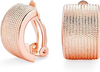 Casual Twisted Grooved Cable Rope Stripe Wide Half Hoop Clip On Earrings For Women Non Pierced Ears Silver Rose Yellow Gold Tone Plated