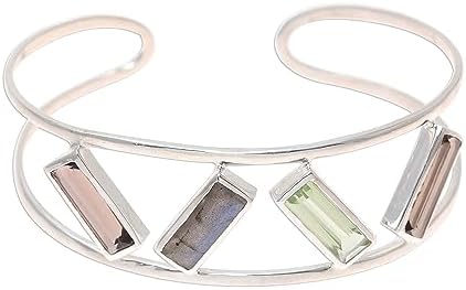 NOVICA Artisan Handmade Multigemstone Cuff Bracelet Sterling Silver Modern Prasiolite Labradorite Smoky Quartz India [6 in L (end to End) x 0.8 in W] ' Tilted Windows'