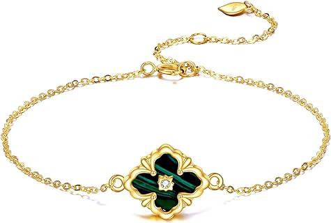 14k Yellow Gold Box Chain Bracelet with Diamond-shaped Malachite Bead - Hypoallergenic Gift for Women and Girls