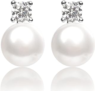 Pearlsays Real Natural Pearl Earrings for Women Cubic Zirconia 925 Sterling Silver Stud Handmade Earrings Jewelry for Women Gifts AAAA Quality Natural White Freshwater Pearls