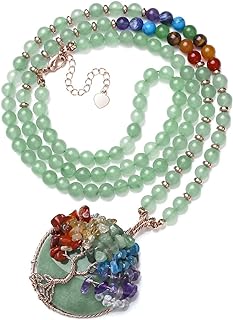 Top Plaza 7 Chakra Healing Crystal Natural Round Gemstone Pendant Necklace Tree of Life Copper Wire Wrapped Beads Necklaces Reiki Jewelry for Women