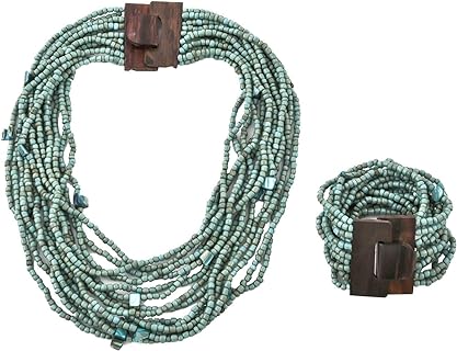 Handcrafted Indonesian Wooden Clasp Seed Bead Necklace & Bracelet Set - Multi Start Layered Bohemian Women's Statement Jewelry - 18-Inch Glass Bead Necklace & Stretchable Bracelet