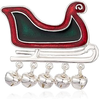 RareLove Christmas Brooch Santa Sleigh with Jingle Bell Wine Red Green Silver Plated Brooches for Women, Vintage Pins, Christmas Pins, Alloy Plated