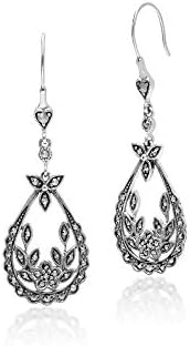 Exquisite Black Rhodium-Plated Sterling Silver Marcasite Dangle Earrings with Floral Design for Sophisticated Style Enthusiasts