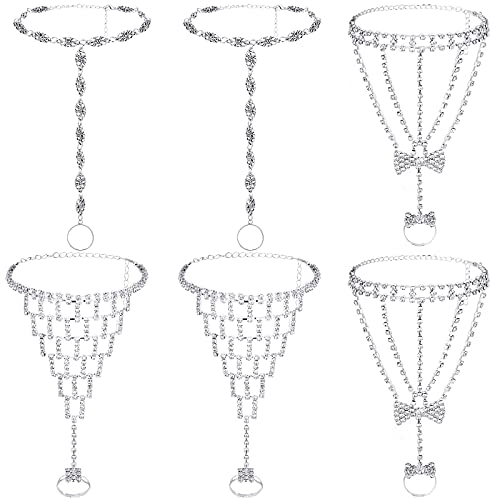 6 Pieces Rhinestone Anklets Barefoot Sandals Silver Feet Chain with Toe Ring Beach Wedding Beaded Anklet Jewelry for Women Girls