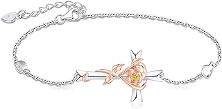 RIVIKO 925 Sterling Silver Cross Birthstone Bracelets for Women Cross Rose Bracelet Trendy Adjustable Link Mothers Day Christmas Anniversary Jewelry Gift for Women Girls Wife Girlfriends Daughter Mom