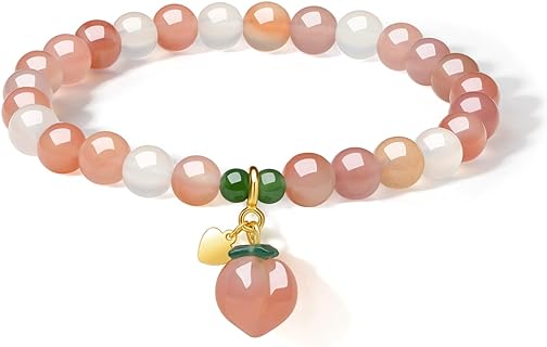 Gemstone Beads Bracelet Pink Agate Beaded Green Jade Gemstone Stretch Bracelet with Peach Charm Trendy Cute Jewelry Gift for Women Girl
