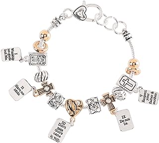 Dicksons 10 Commandments Charm Bracelet with Snake Chain and Lobster Claw Clasp, Two-Toned Silver Plated Stainless Steel, Women's Everyday Design