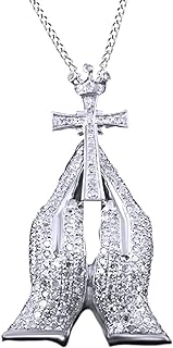 Spring Ring Clasp, Hand-Blown Praying Hand Pendant in White Gold with Natural Diamond - Rope Chain Handmade in India - Unisex, Devotional Design Jewelry