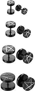 OIDEA Assorted 4 Pairs Stainless Steel 6-12MM Fake Gauges Pentagram Earrings Dumbbell Studs,Hypoallergenic