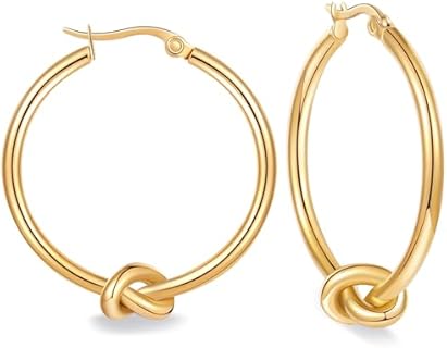 Stainless Steel Gold Knot Hoop Earrings with Latch Back for Women, Versatile Lightweight Hypoallergenic Jewelry in 30mm, 40mm & 50mm Sizes