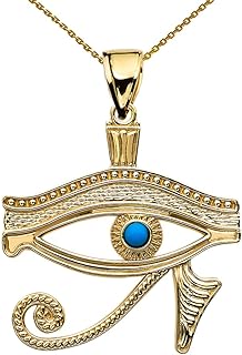 Egyptian Necklace Pendant - 14k Yellow Gold Eye of Horus Turquoise Pendant with Rolo Chain and Spring Ring Clasp for Unisex - Ancient Design