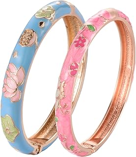 Women's UJOY Enamel Flower Bangle Bracelet with Spring-Hinge-Opening Clasp in Rose Gold-Plated Zinc Alloy - 7.4 inches