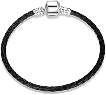 Black Handmade Braided Wrap Leather Charm Bracelet Barrel Clasp Woven Wrist Jewelry Birthday Gift 6.69 inch (BR_Lea_Barrel_B_17)