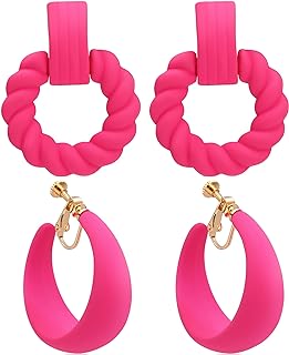 80s Inspired Pink Heart Hoop Dangle Clip-On Earrings with Push Back Mechanisms - Perfect Zinc Jewelry Gift for Women and Girls