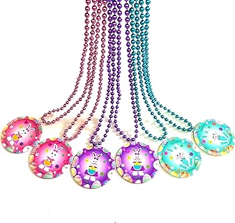 12 Pcs Easter Party Beads Necklaces Colorful Easter Rabbit Medallion Beads Necklace Party Supplies