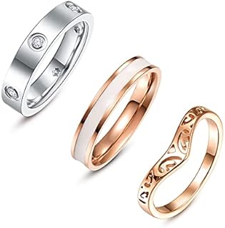 3pc Stainless Steel Steampunk Wedding Ring Set for Women & Men, Rose Gold DNA Double Helix, Star Moon Sun Spinner & Wishbone Chevron Design