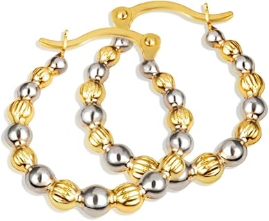 Ladies 14K Two-Tone White and Yellow Gold Reversible Beaded Hoop Earrings, 2.2mm Thick 16mm Diameter