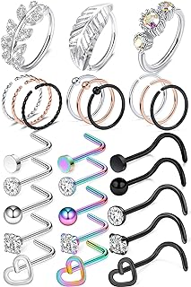 Kridzisw 18G 20G Nose Rings Hoop Stainless Steel L-Shaped Nose Rings Studs Screw Clear Clicker Retainer Tragus Cartilage Helix Earrings Piercing Hoop 27-36pcs