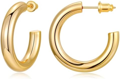 Push-Back Clasp Chunky Silver Hoop Earrings with 14K Real Gold Plating for Women, Hoop Design, Crafted from Yellow Gold and Sterling Silver
