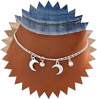 Aneneiceera Boho Layered Moon Anklet Bracelet Tiny Moon Crescent Anklet Double Silver Moon Dangle Ankle Bracelet Small Bell Anklet Summer Beach Foot Chain Jewelry for Women and Girls