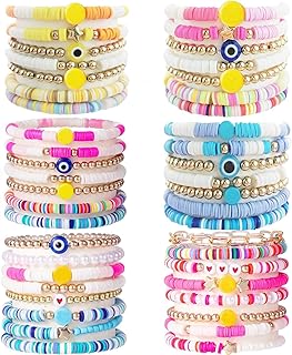 44 Pcs Surfer Heishi Bracelets for Women Stackable Rainbow Vinyl Disc Clay Beaded Stretch Bracelets Elastic Layering Friendship Bracelets Boho Summer Beach Jewelry