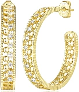 14K Yellow Gold Plated C-Shaped Hoop Earrings with Cubic Zirconia Accents for Women - Secure Push-Back Design - 30mm Diameter