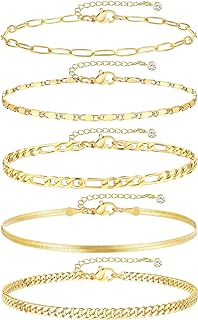 iF YOU Gold Ankle Bracelets for Women, 14k Gold Plated Waterproof Cuban Link Chain Anklets Set, Layered Anklet Bracelets for Women Beach Gift Adjustable Size 5pc