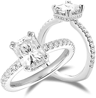 DovEggs Radiant Cut Moissanite Engagement Rings for Women Center 2ct 6X8mm G-H-I Color Moissanite Euro shank Hidden Halo 14K Gold QUALITY Sterling Silver Anniversary Wedding Ring