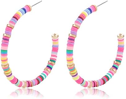 Woman's Colorful African Vinyl Disc Heishi Beaded Hoop Earrings with Hinged Hoop Back Finding - Bohemian Alloy Design