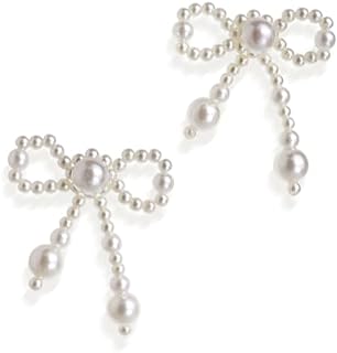 JeanBeau's Dangle Pearl Bow Earrings for Women & Girls with Latch Back Fastening - Gold Ribbon Bowknot Design - Stainless Steel Dangling Costume Jewelry Suitable for Weddings, Proms & Fashionable Everyday Wear