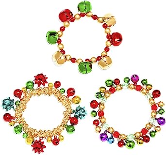 Christmas Jingle Bell Bracelets Xmas Colorful Stretch Beaded Charm Bracelet Gift Bow Shape Elastic Bracelet Holiday Gifts Jewelry For Women Girls Kids Party Costumes Accessories (Stackable , 3pcs)