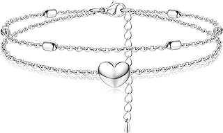 FIBO STEEL Stainless Steel Link Chain Anklet with Cubic Zirconia and Lobster Claw Clasp, Cute Layered Heart Design for Women and Teens